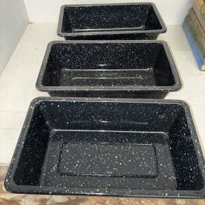 3 Vintage Black/ White Speckled Enamelware 10"X 6" X 3" Loaf Pans Very Clean!